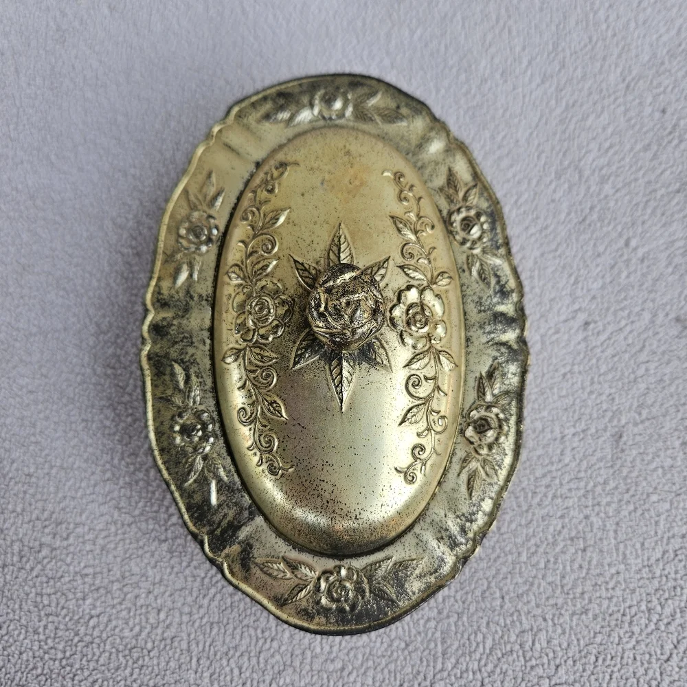 VTG Metal Engraved Footed Trinket Box Storage Footed Floral Japan Gold Patina